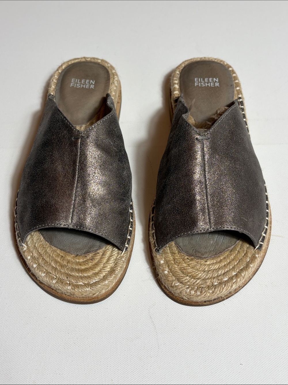 Eileen Fisher Metallic Leather Espadrille Slide Sandals Size 10